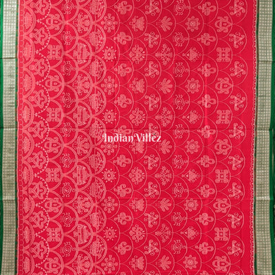 Reddish Orange Green Sambalpuri Bomkai Silk Saree