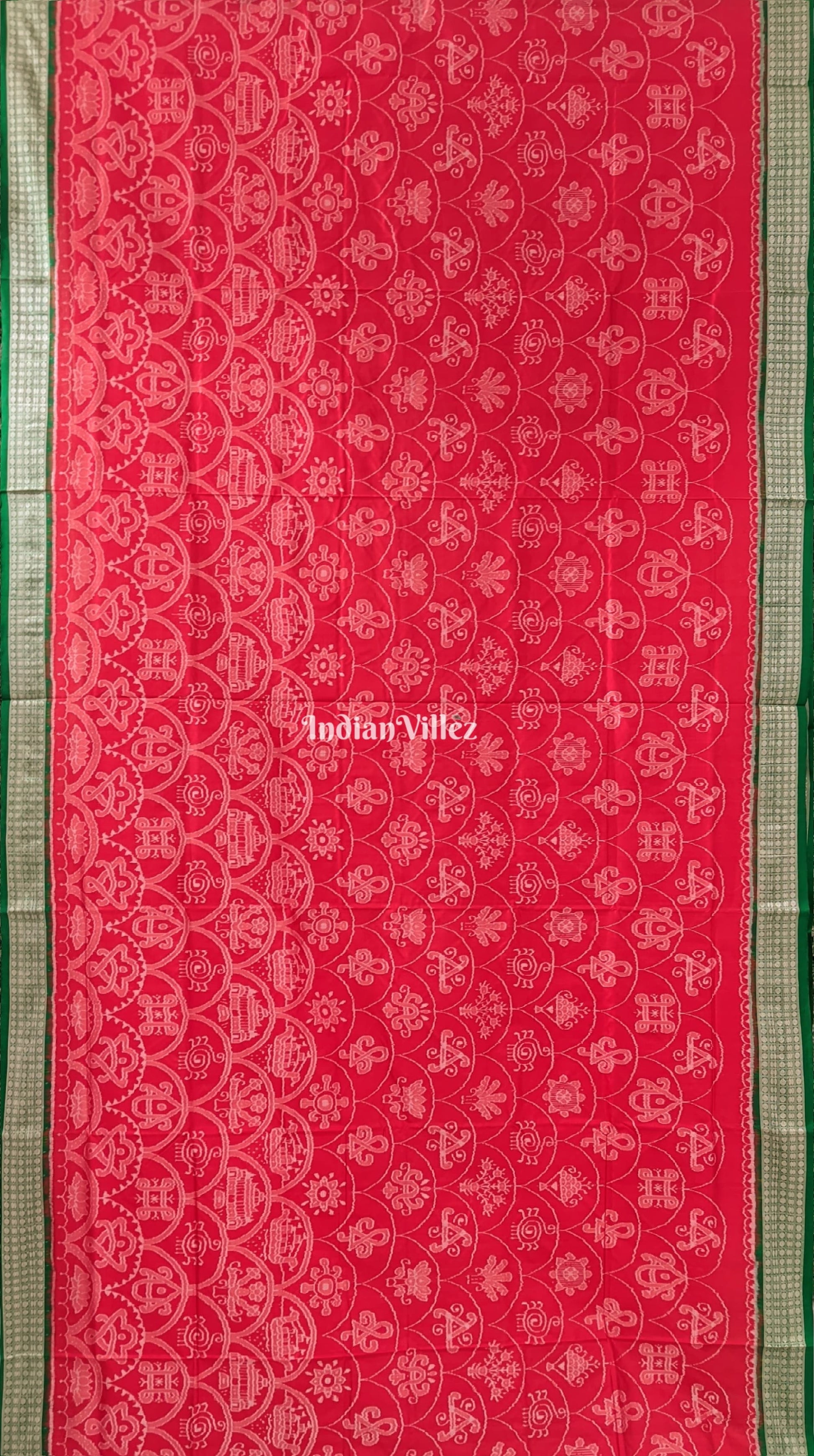 Reddish Orange Green Sambalpuri Bomkai Silk Saree
