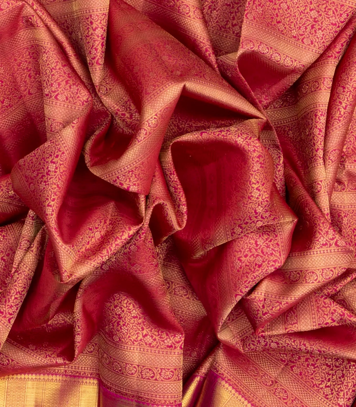 Pink Handloom Kanchipuram Silk Saree With Floral Stripes