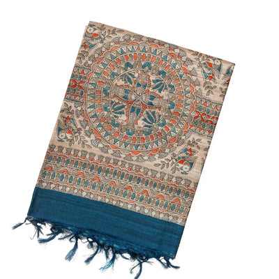 Taupe Handwoven Tussar Silk Saree With Printed Bird Motifs