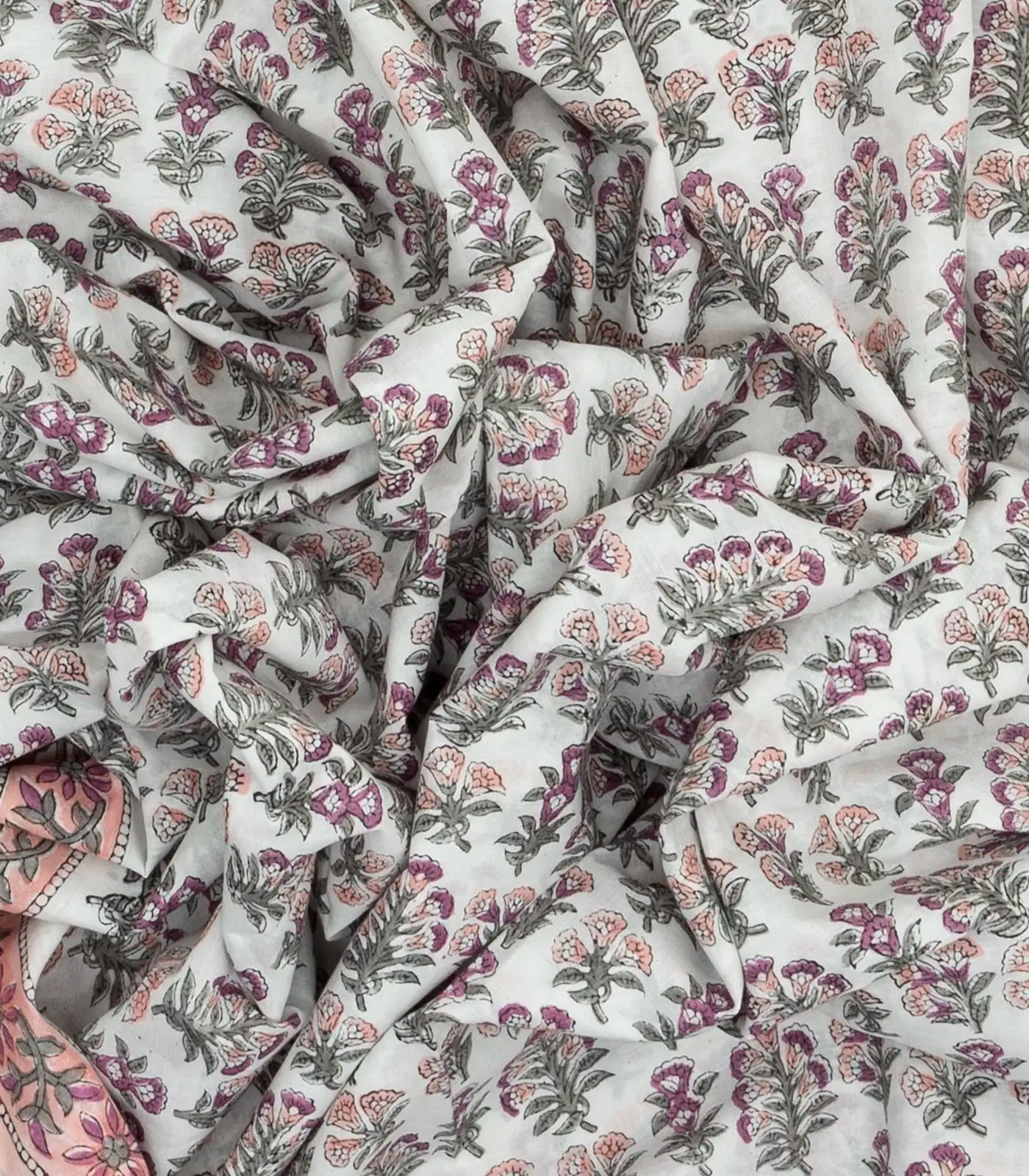 White Woven Jaipur Cotton Saree Printed With Pink Floral Motifs