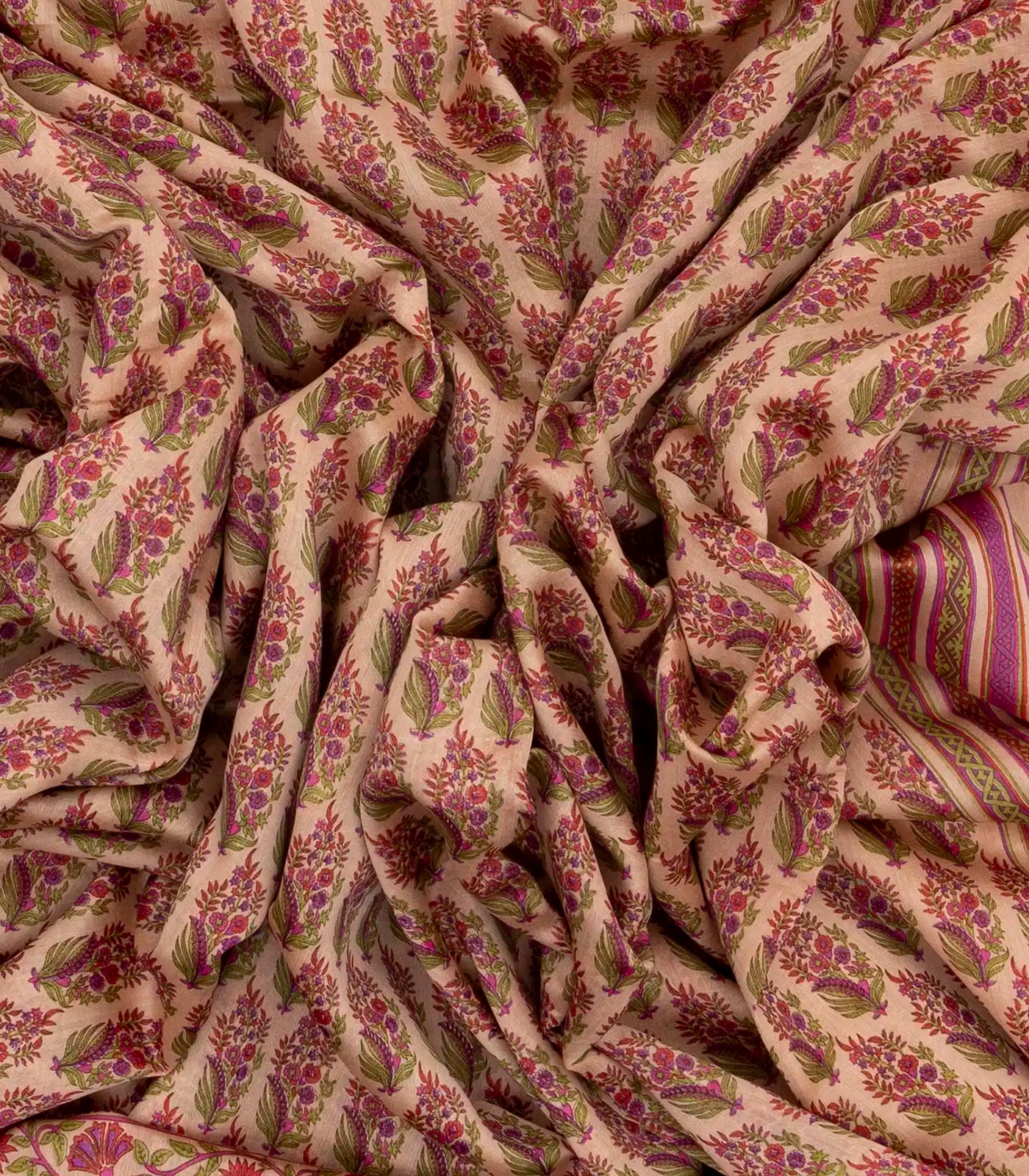 Light Peach Handloom Chanderi Cotton Saree With Printed Floral Motifs