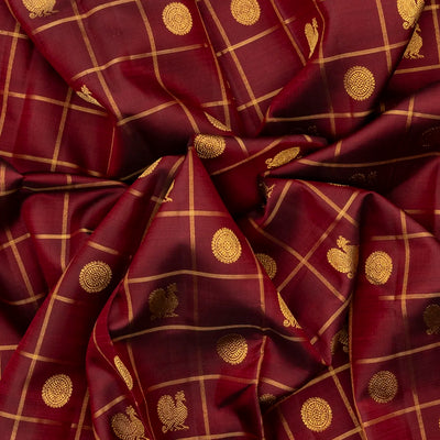 Maroon Handloom Kanchipuram Silk Saree With Checks & Buttas