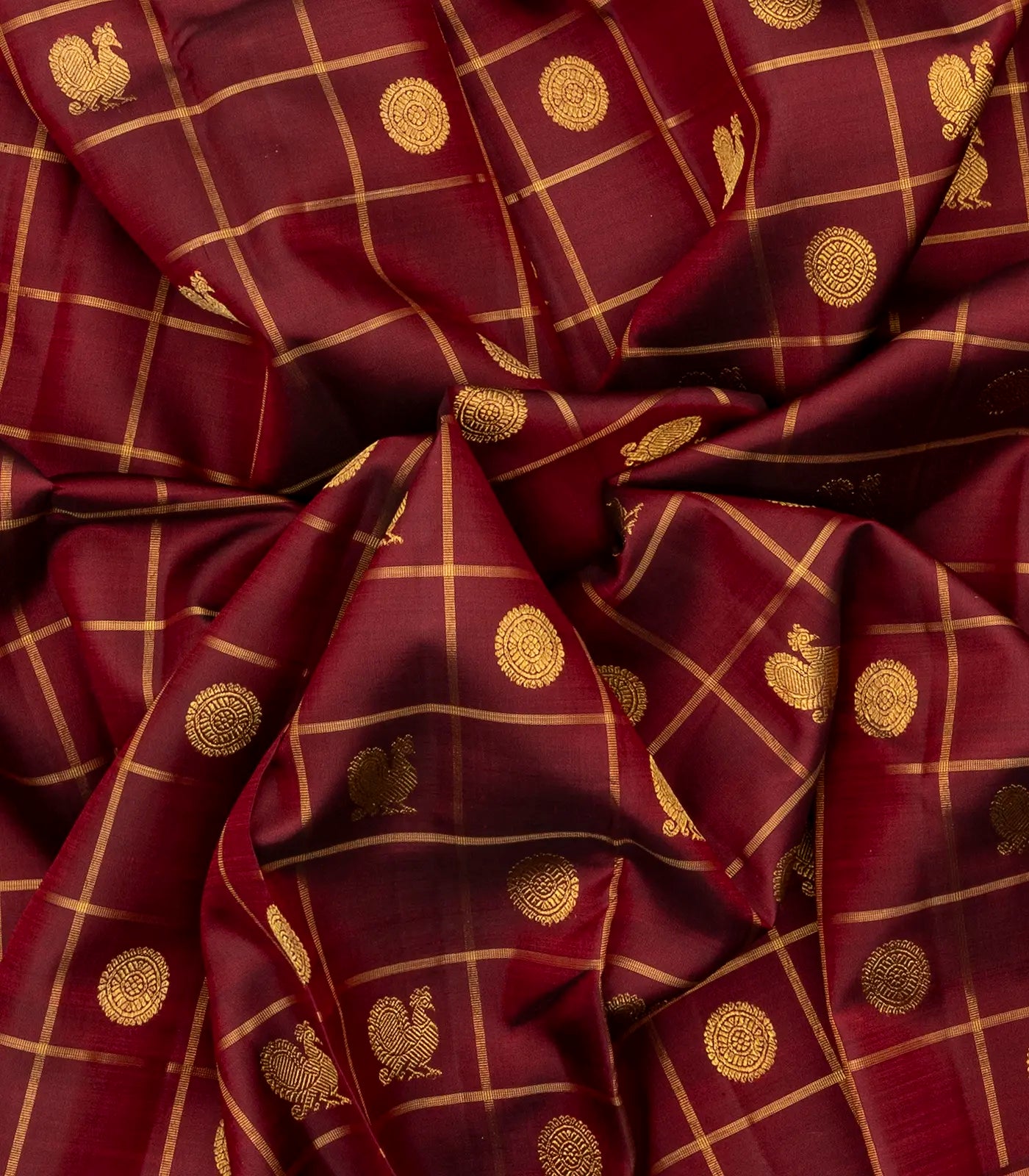 Maroon Handloom Kanchipuram Silk Saree With Checks & Buttas