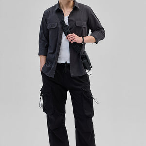 Charcoal Grey Solid Double Pocket Overshirt