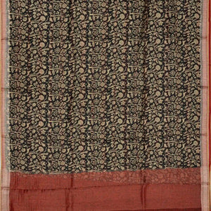 Black Handloom Tussar Silk Saree Printed With Floral Vine Motifs