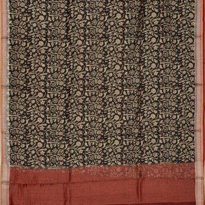 Black Handloom Tussar Silk Saree Printed With Floral Vine Motifs