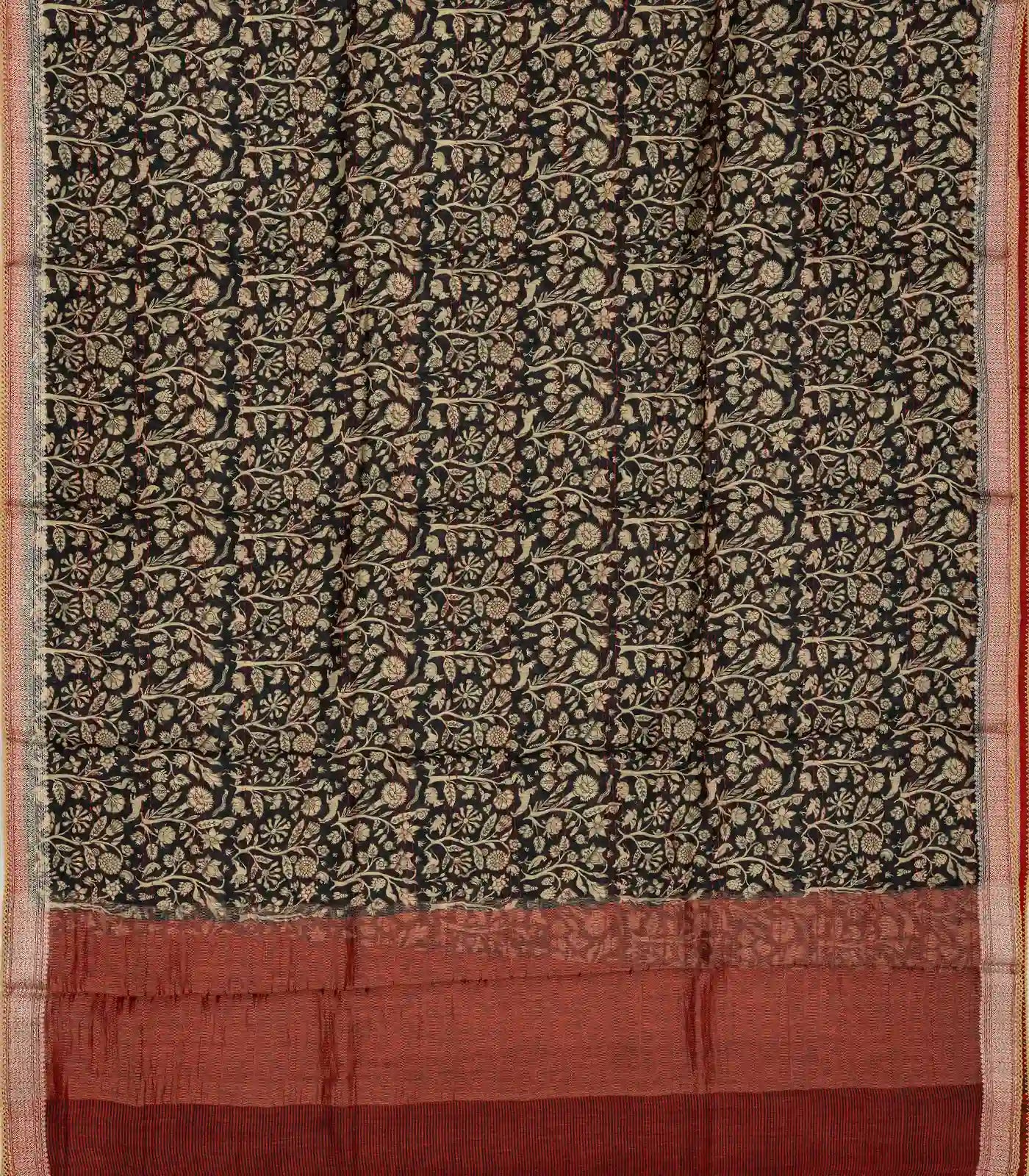 Black Handloom Tussar Silk Saree Printed With Floral Vine Motifs