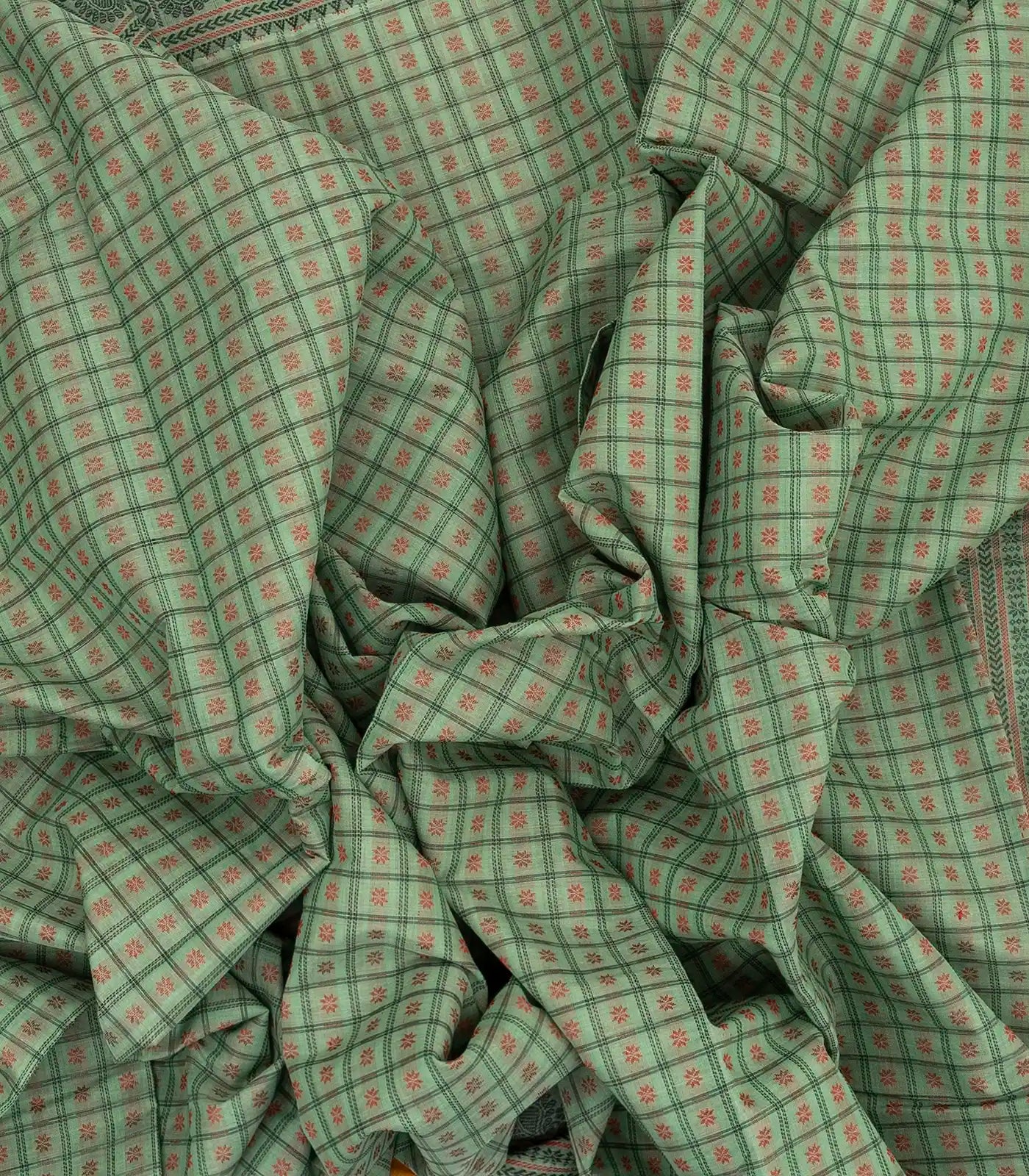 Shadow Green Handloom Kanchi Cotton Saree With Checks & Star Motifs