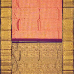 Peach Handloom Kanchipuram Korvai Silk Saree With Zari Checks & Motifs