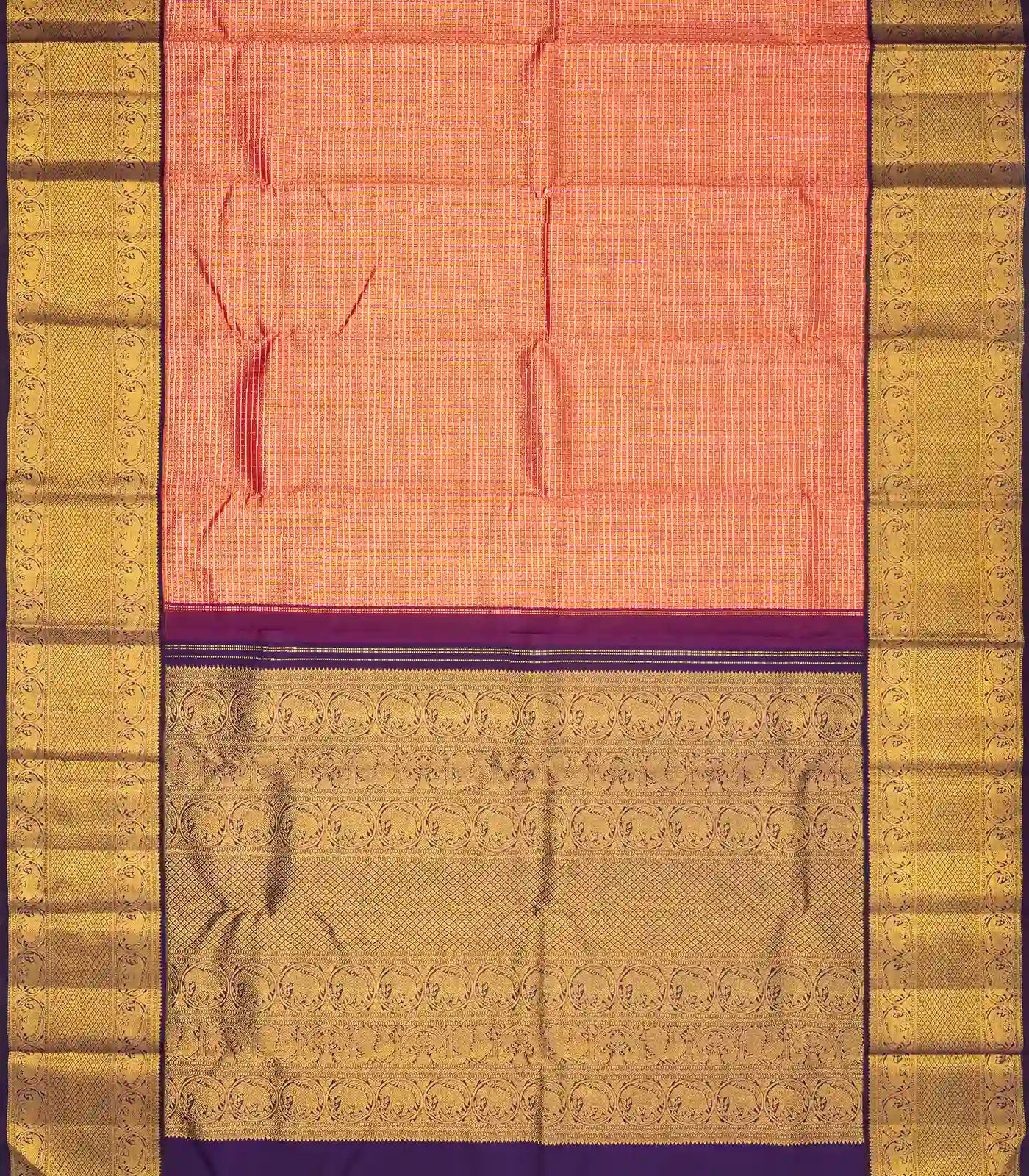 Peach Handloom Kanchipuram Korvai Silk Saree With Zari Checks & Motifs