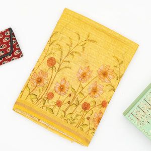 Gold Handwoven Linen Saree Printed With Floral Motifs