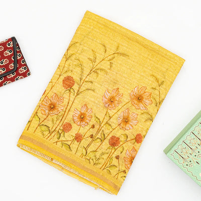 Gold Handwoven Linen Saree Printed With Floral Motifs