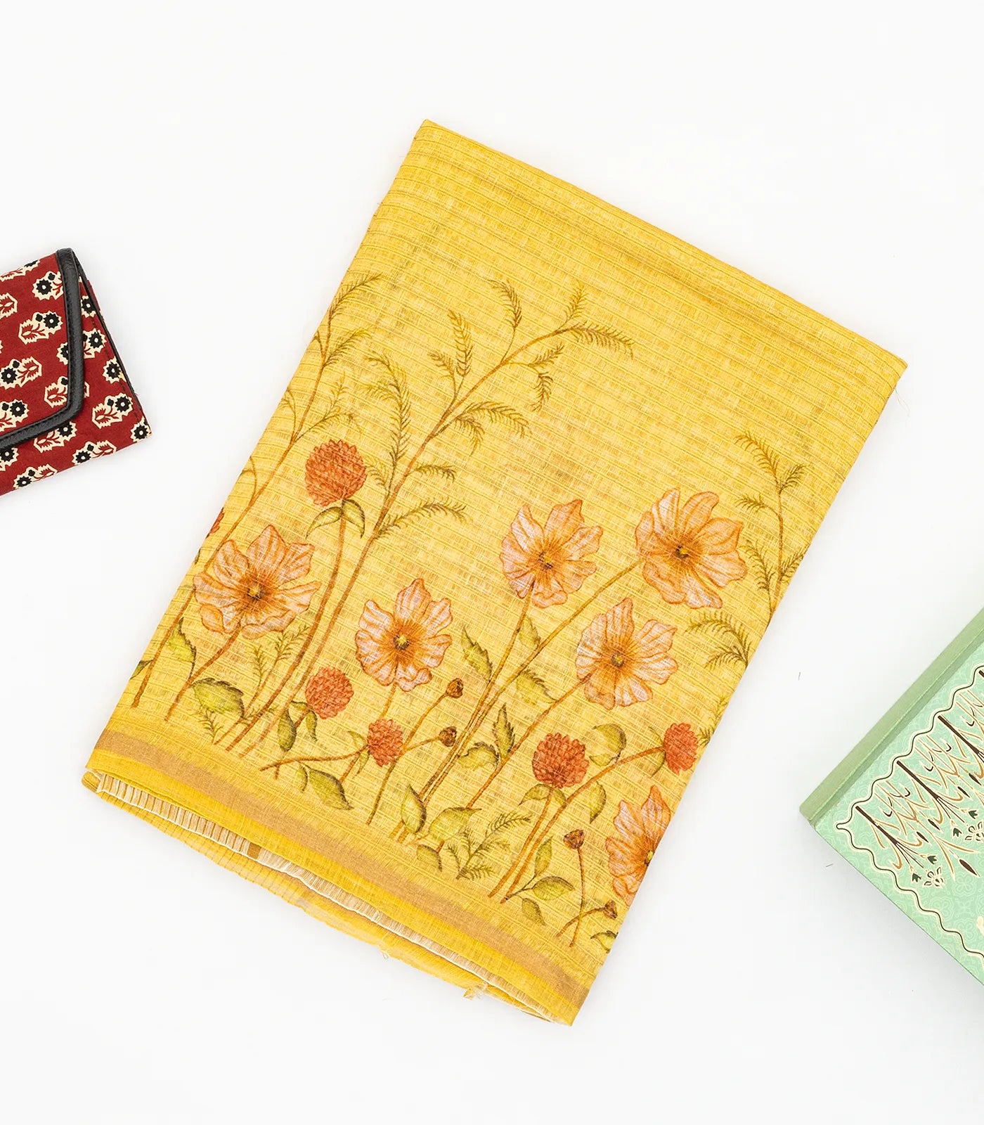 Gold Handwoven Linen Saree Printed With Floral Motifs