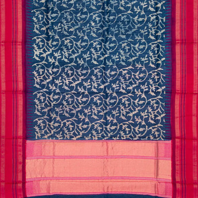 Navy Blue Handloom Tussar Silk Saree With Printed Floral Motifs & Contrast Border