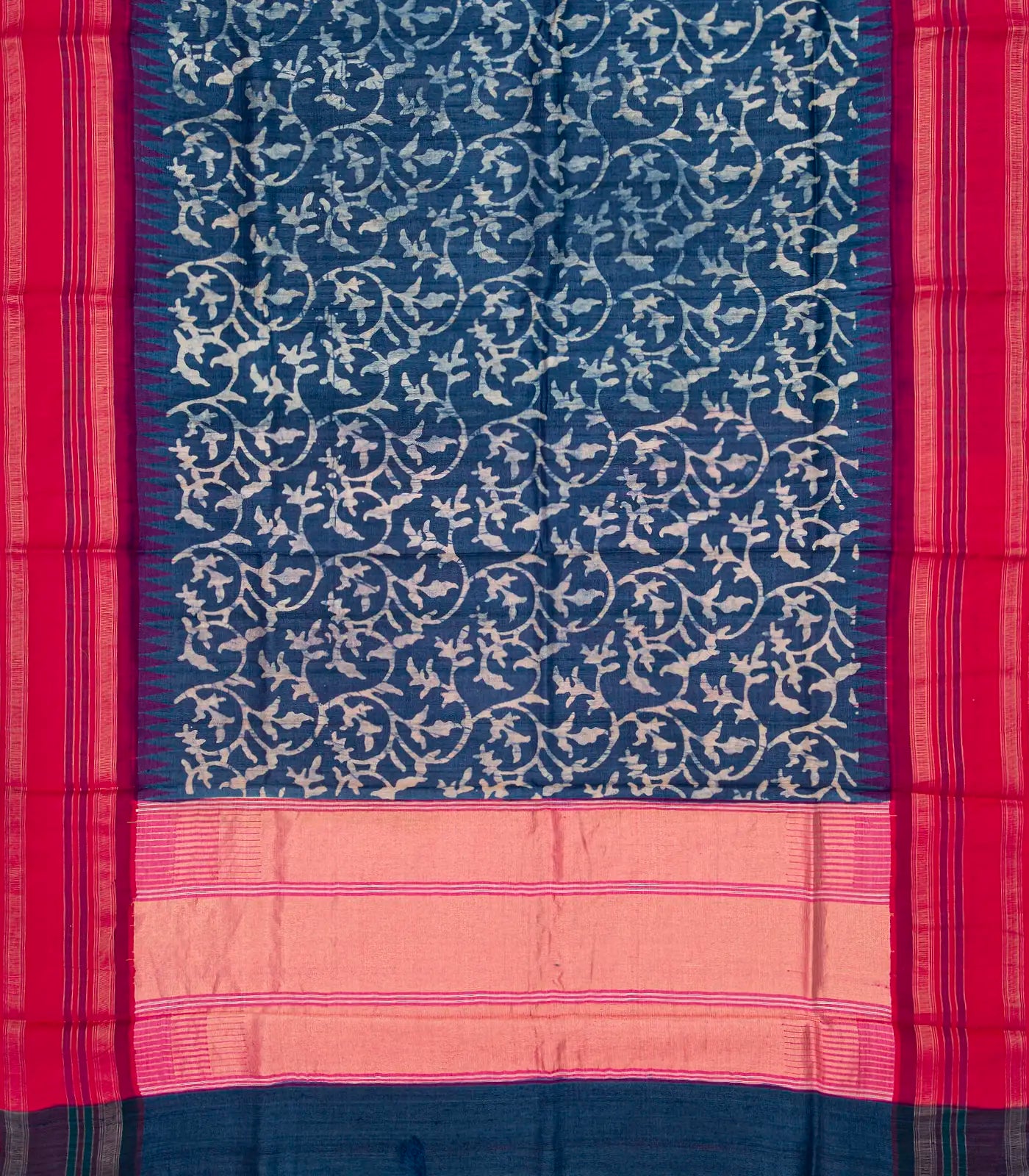 Navy Blue Handloom Tussar Silk Saree With Printed Floral Motifs & Contrast Border