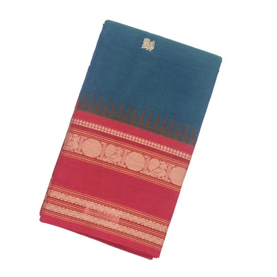 Blue Handloom Korvai Kanchi Cotton Saree With Annam Buttas