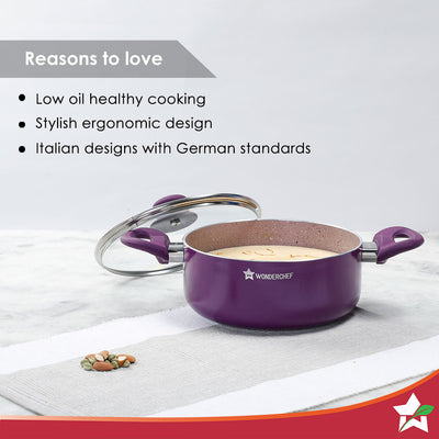 Royal Velvet Non-stick 20 cm Aluminium Casserole with Lid | 2.5 Litres | Purple | 2 Years Warranty