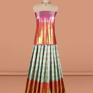 Green floral buttas art-silk half saree, contrast traditional zari border,zari design blouse & floral design dhavani
