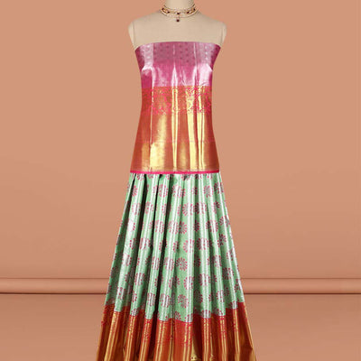 Green floral buttas art-silk half saree, contrast traditional zari border,zari design blouse & floral design dhavani