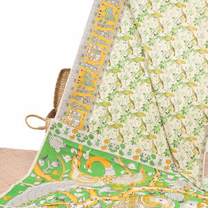 Cream bird motifs machine-printed kalamkari cotton saree, contrast unique motifs border & animal motifs pallu