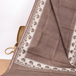 Brown checked semi-banaras tussar saree with self - bullock cart border & checked pallu