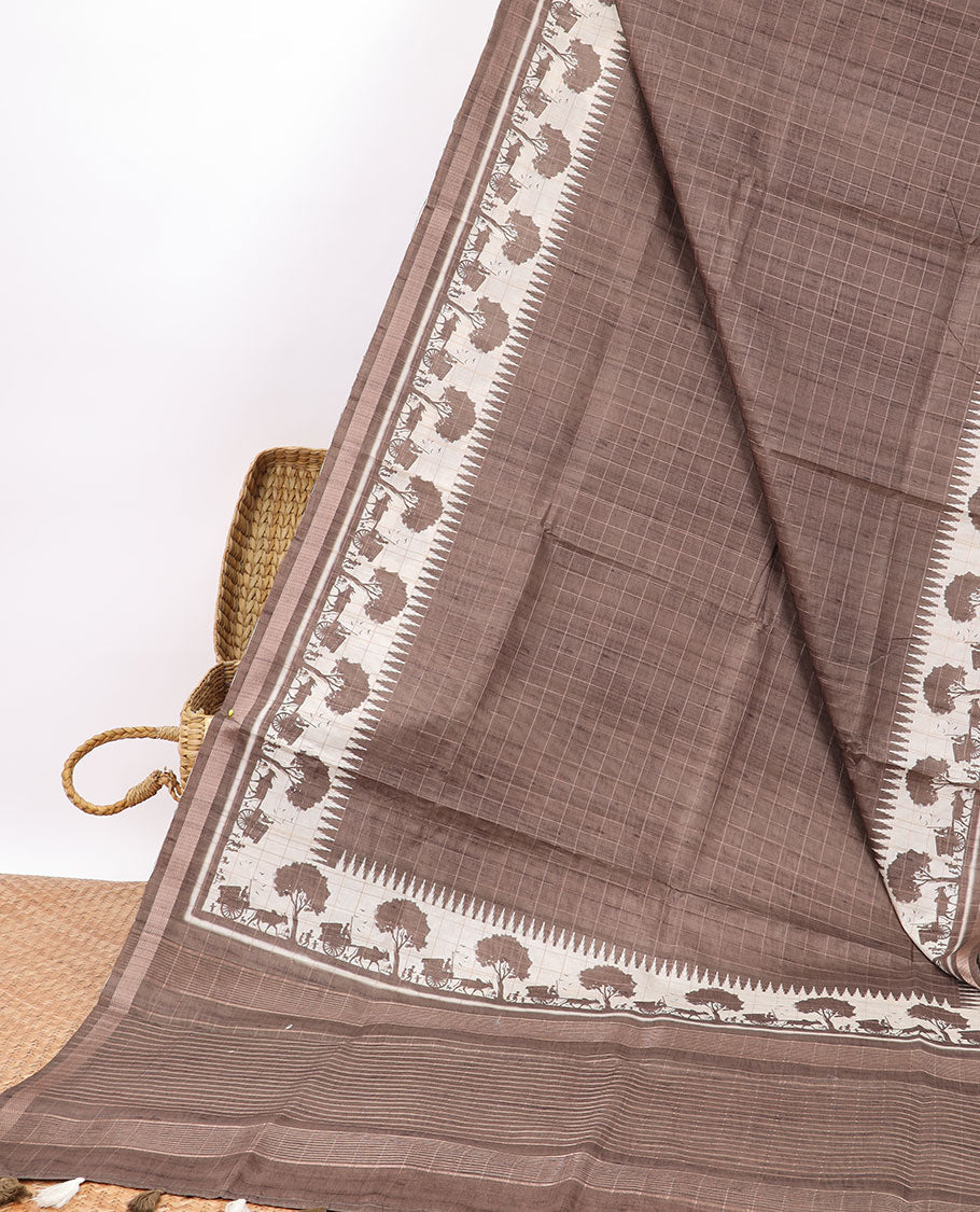 Brown checked semi-banaras tussar saree with self - bullock cart border & checked pallu