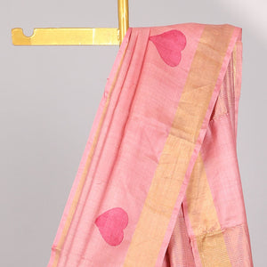 Red all over heart motifs tussar saree with self-intricate zari border
