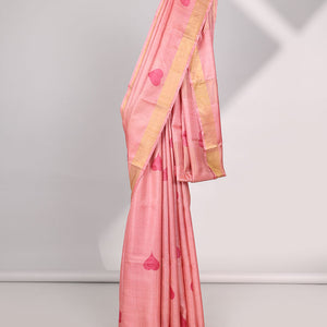 Red all over heart motifs tussar saree with self-intricate zari border