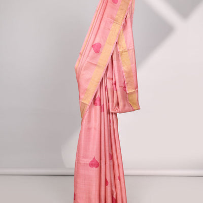 Red all over heart motifs tussar saree with self-intricate zari border