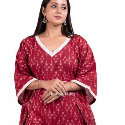 Maroon Sambalpuri Odisha Ikat Designer Cotton Kaftan Kurti Set for Women