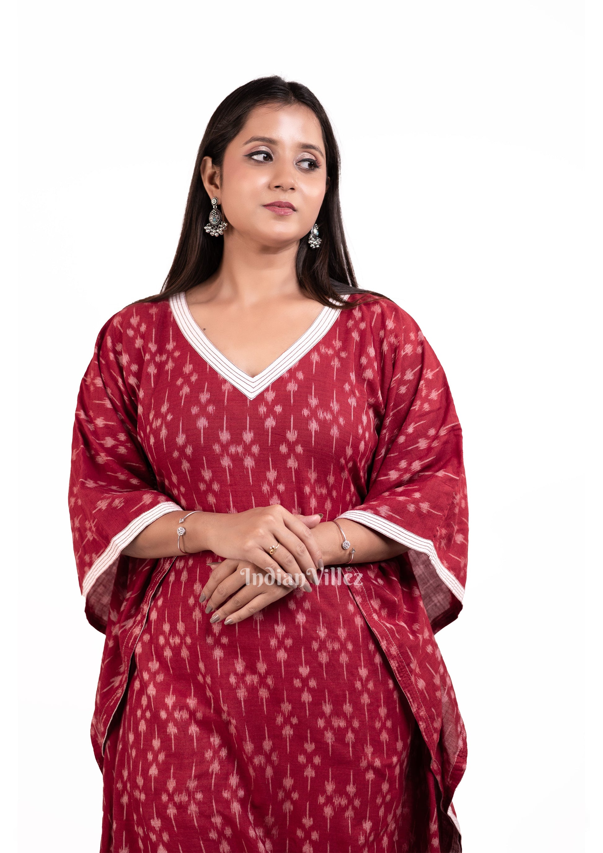 Maroon Sambalpuri Odisha Ikat Designer Cotton Kaftan Kurti Set for Women