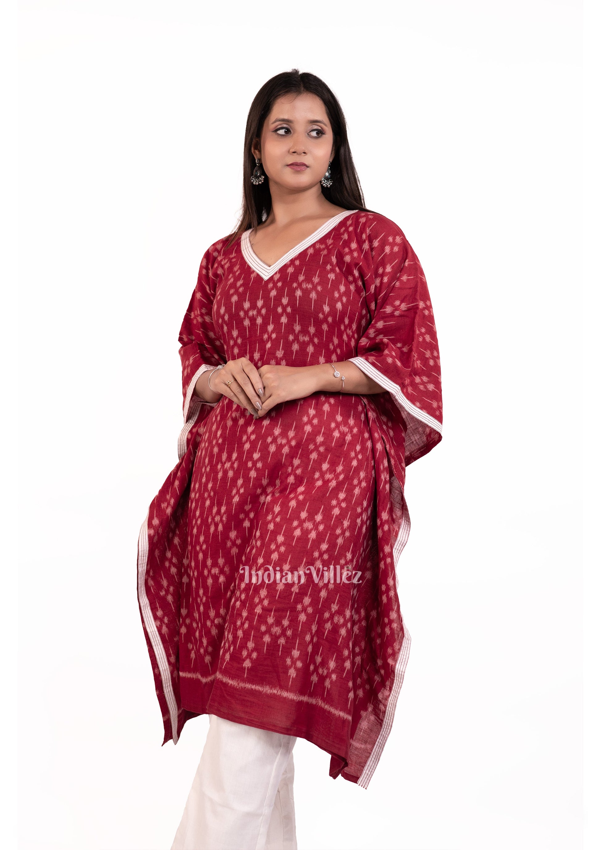 Maroon Sambalpuri Odisha Ikat Designer Cotton Kaftan Kurti Set for Women