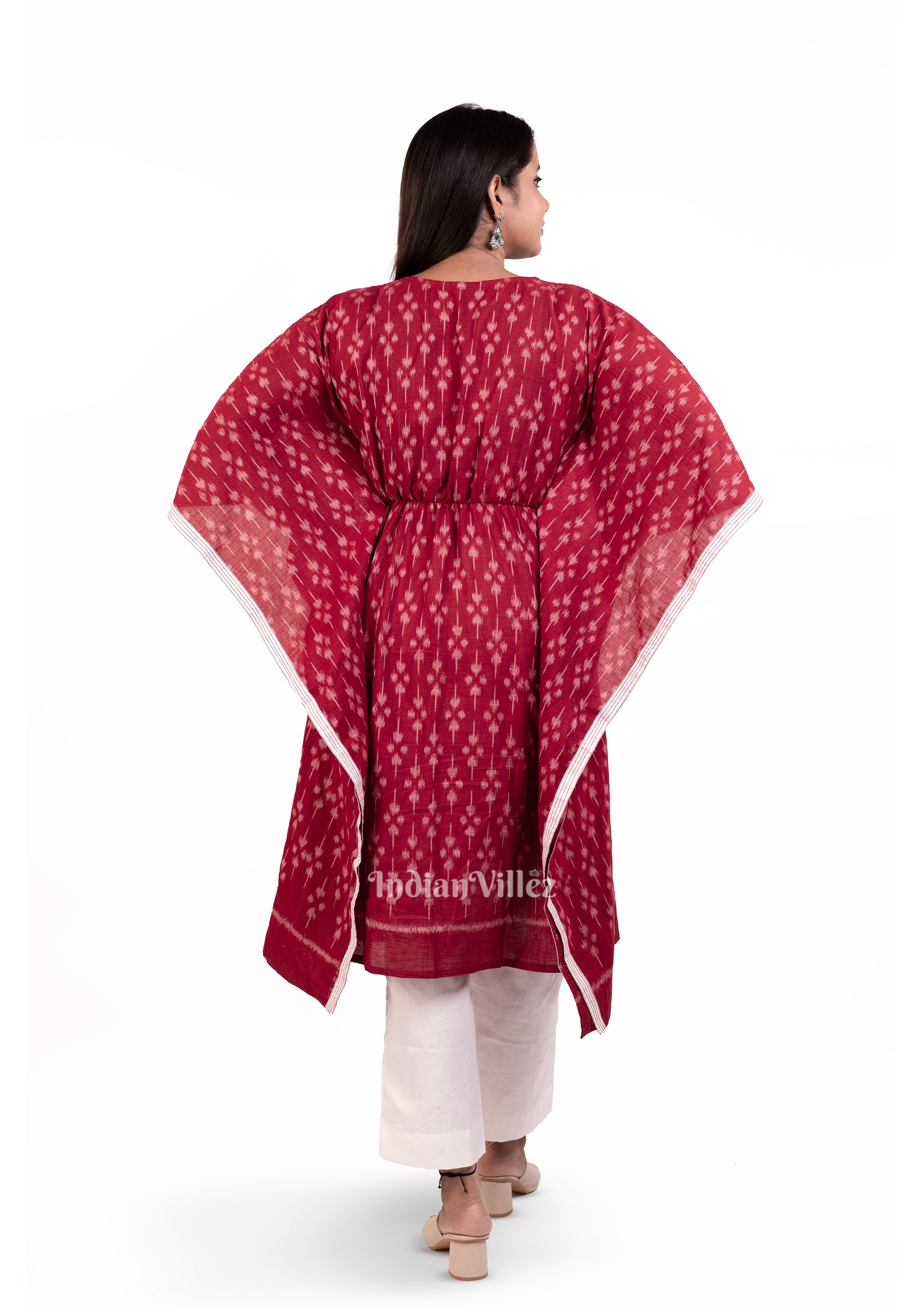 Maroon Sambalpuri Odisha Ikat Designer Cotton Kaftan Kurti Set for Women