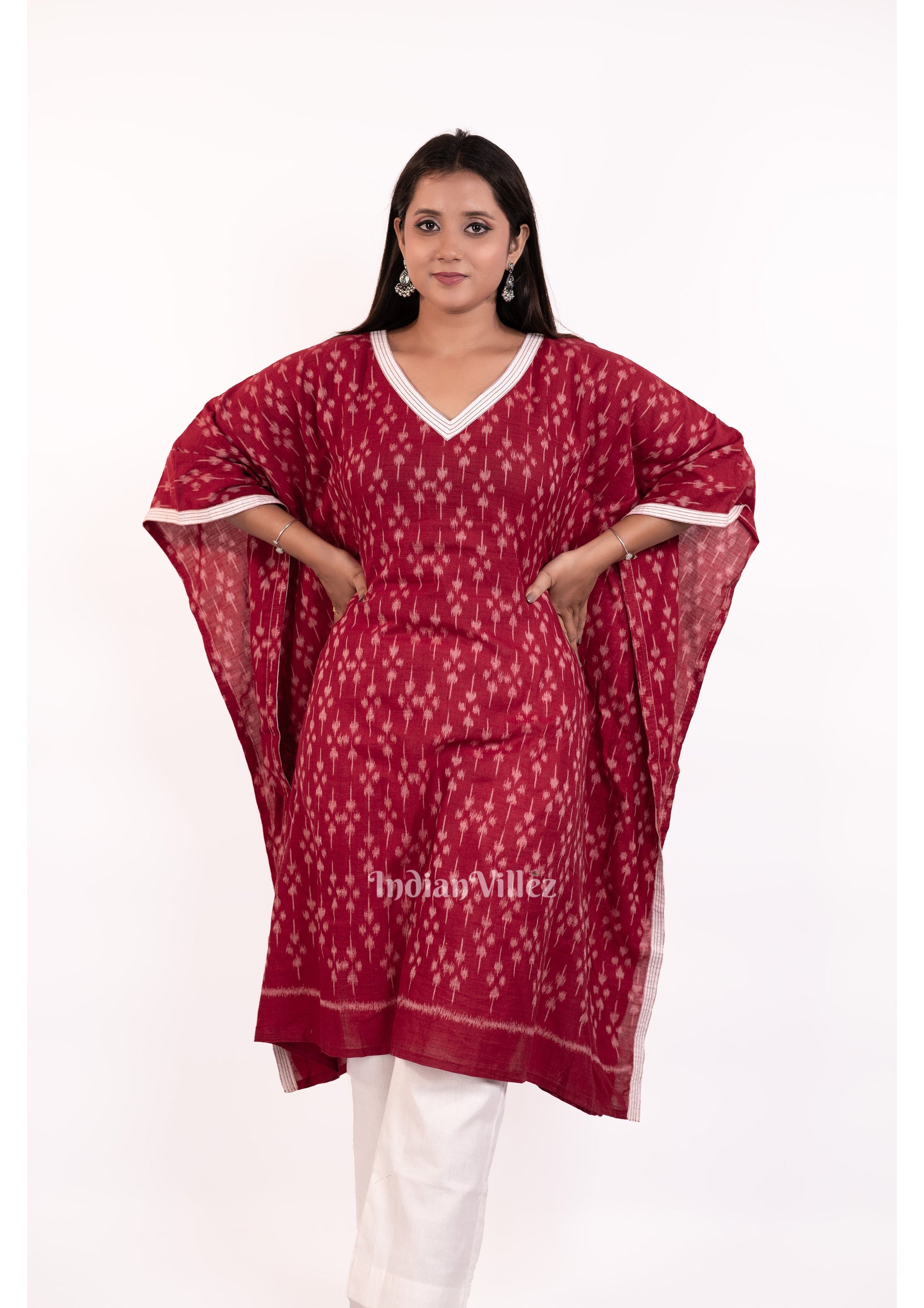 Maroon Sambalpuri Odisha Ikat Designer Cotton Kaftan Kurti Set for Women