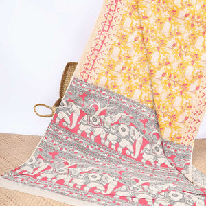 Yellow leaf vine Machine-printed kalamkari cotton saree, contrast chevron & floral border & elephant motifs pallu