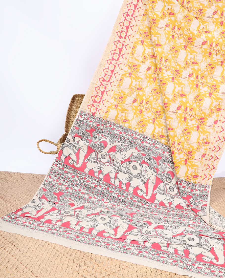 Yellow leaf vine Machine-printed kalamkari cotton saree, contrast chevron & floral border & elephant motifs pallu