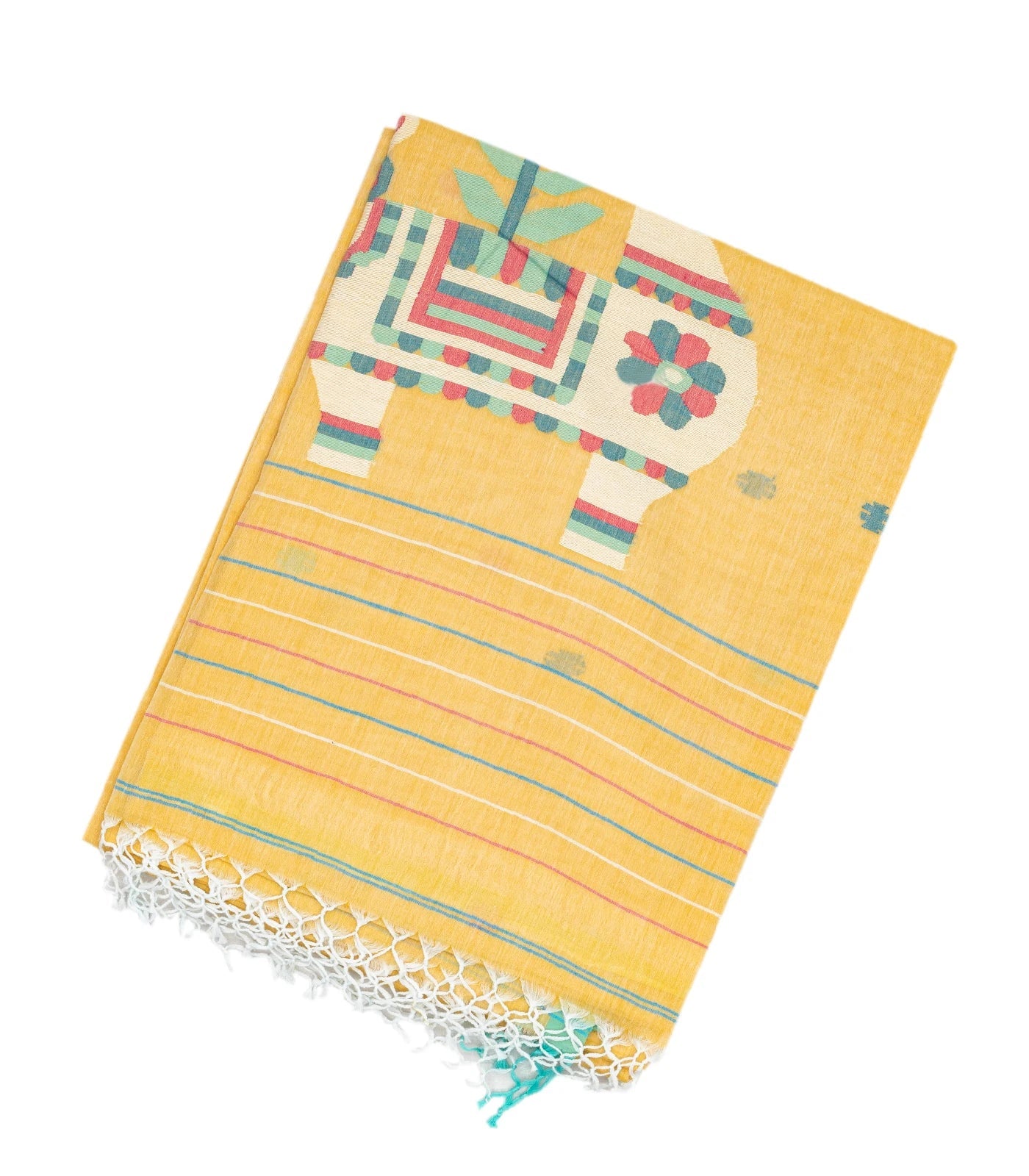 Sandal Handloom Bengal Cotton Saree With Jamdnai Llama Motifs in the Pallu