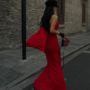 Alamea Offshoulder Statement Dress with Scarf in Red
