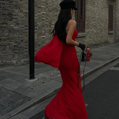 Alamea Offshoulder Statement Dress with Scarf in Red