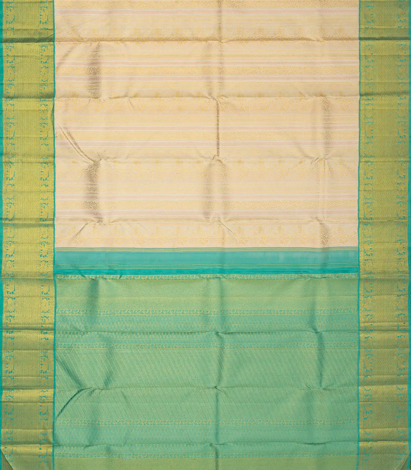 Off White Handloom Kanchipuram Korvai Silk Saree With Floral Stripes