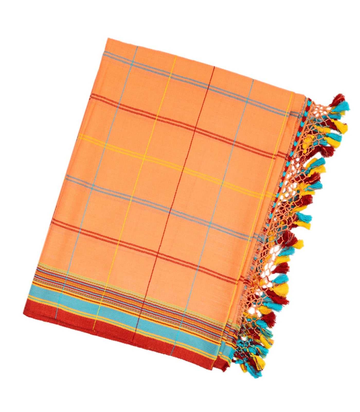 Peach Handloom Bhujodi Cotton Saree With Multi Colour Checks