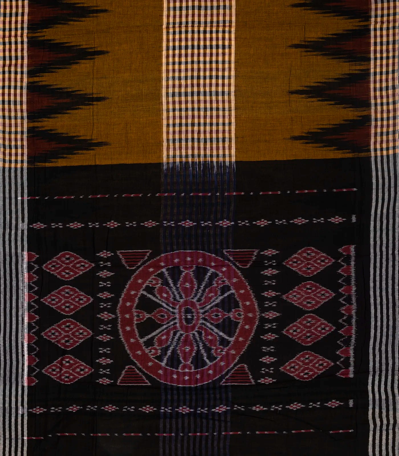 Dark Olive Orissa Cotton Saree With Black Temple Border