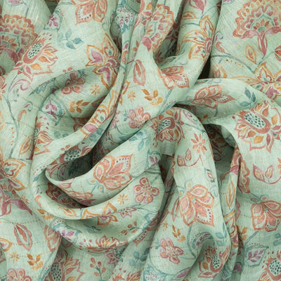 Turquoise Handwoven Linen Saree Printed With Floral Motifs