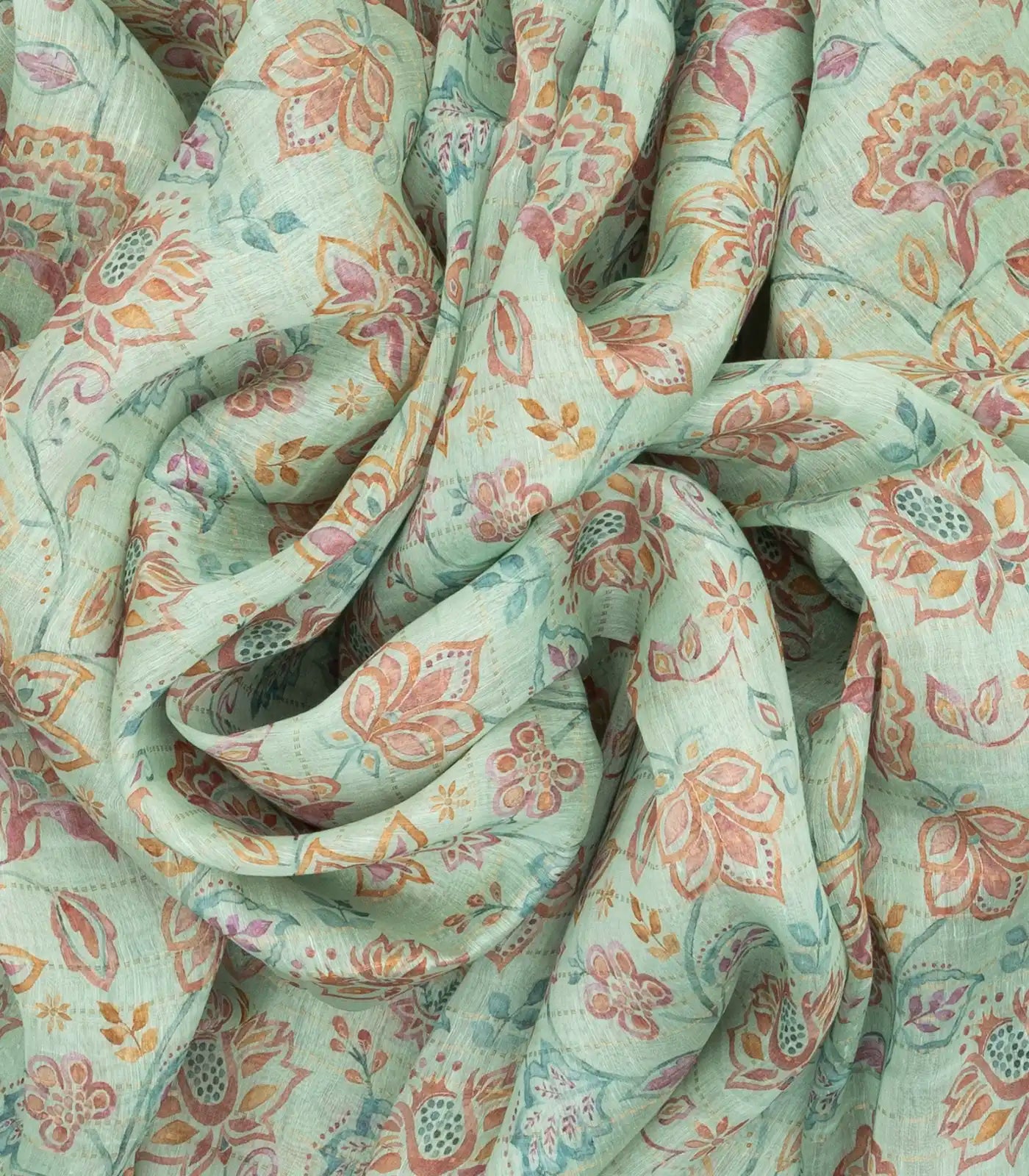 Turquoise Handwoven Linen Saree Printed With Floral Motifs