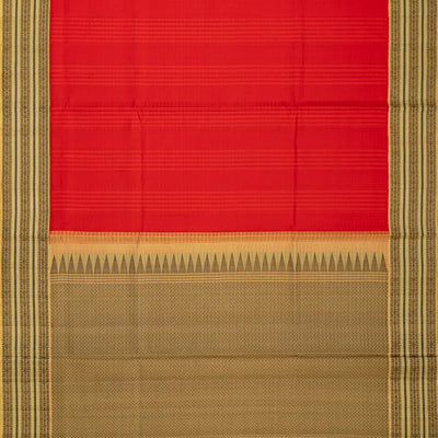 Red Handloom Kora Silk Saree With Checks & Beige Border