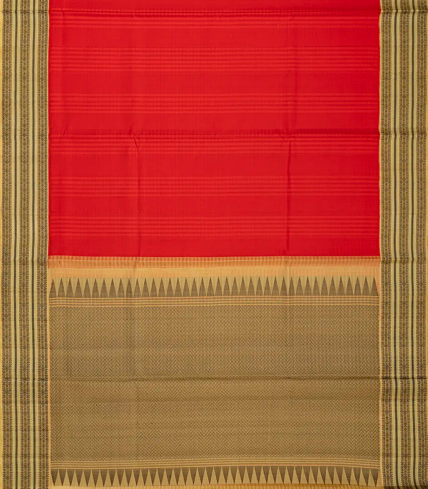 Red Handloom Kora Silk Saree With Checks & Beige Border