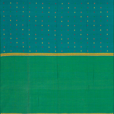 Teal Handwoven Tussar Silk Saree With Diamond Butta & Stripped Pallu-Teal