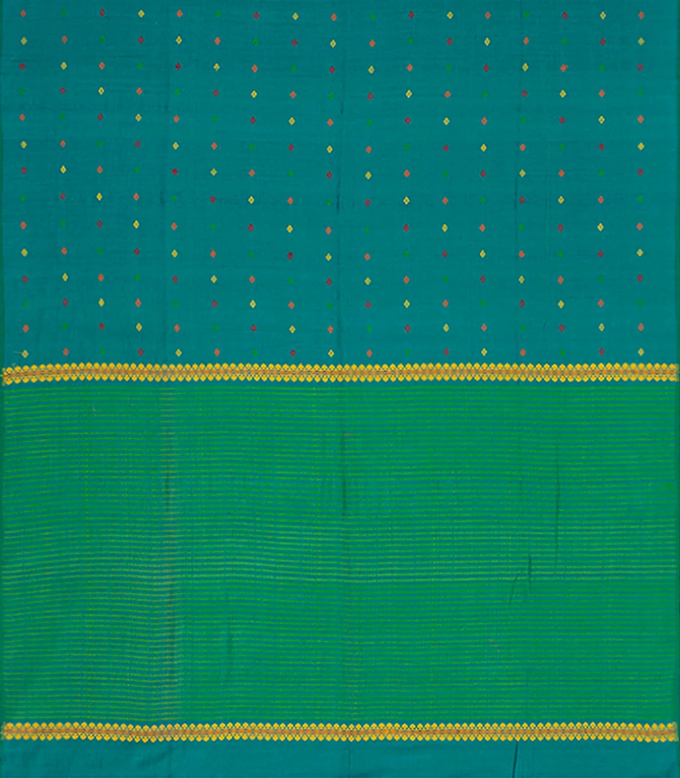 Teal Handwoven Tussar Silk Saree With Diamond Butta & Stripped Pallu-Teal