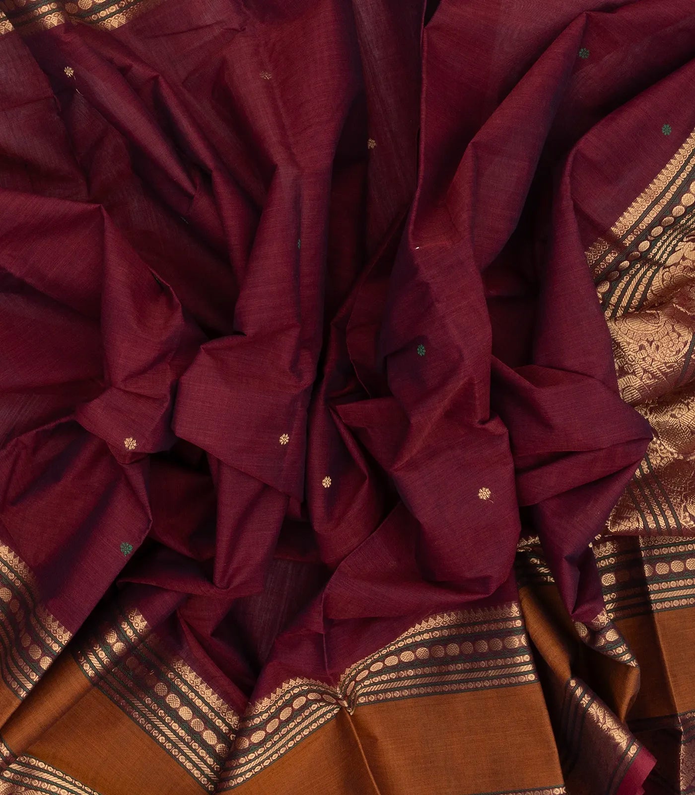 Crimson Handloom Kanchi Cotton Saree With Coin Buttas